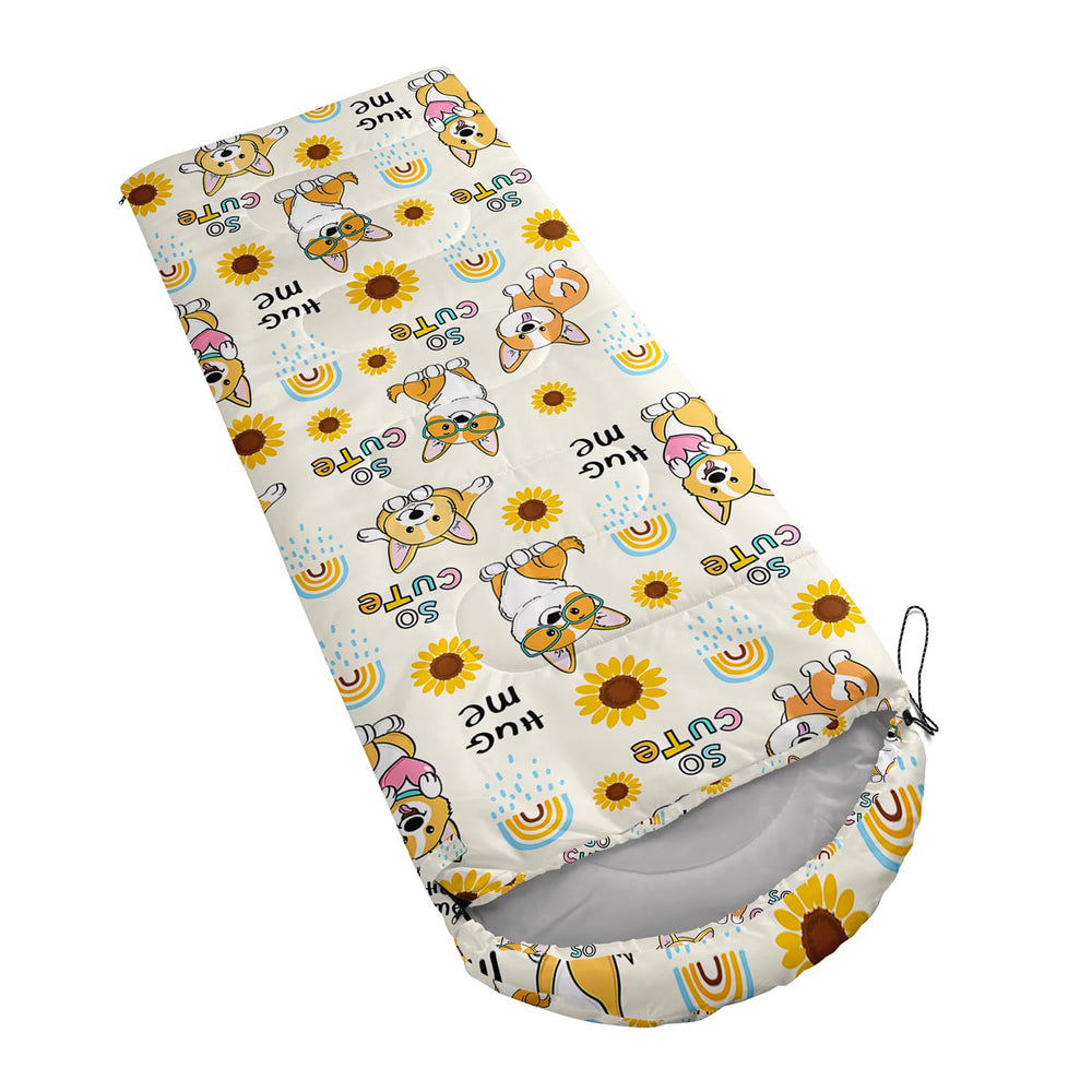 XYNHML kawaii dog-pattern sleeping bag open reveals roomy interior for comfort.