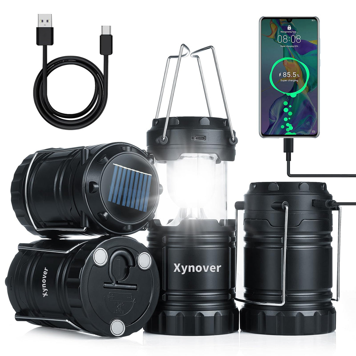 Xynover 4-pack solar camping lanterns collapsible for easy packing and rapid deployment.
