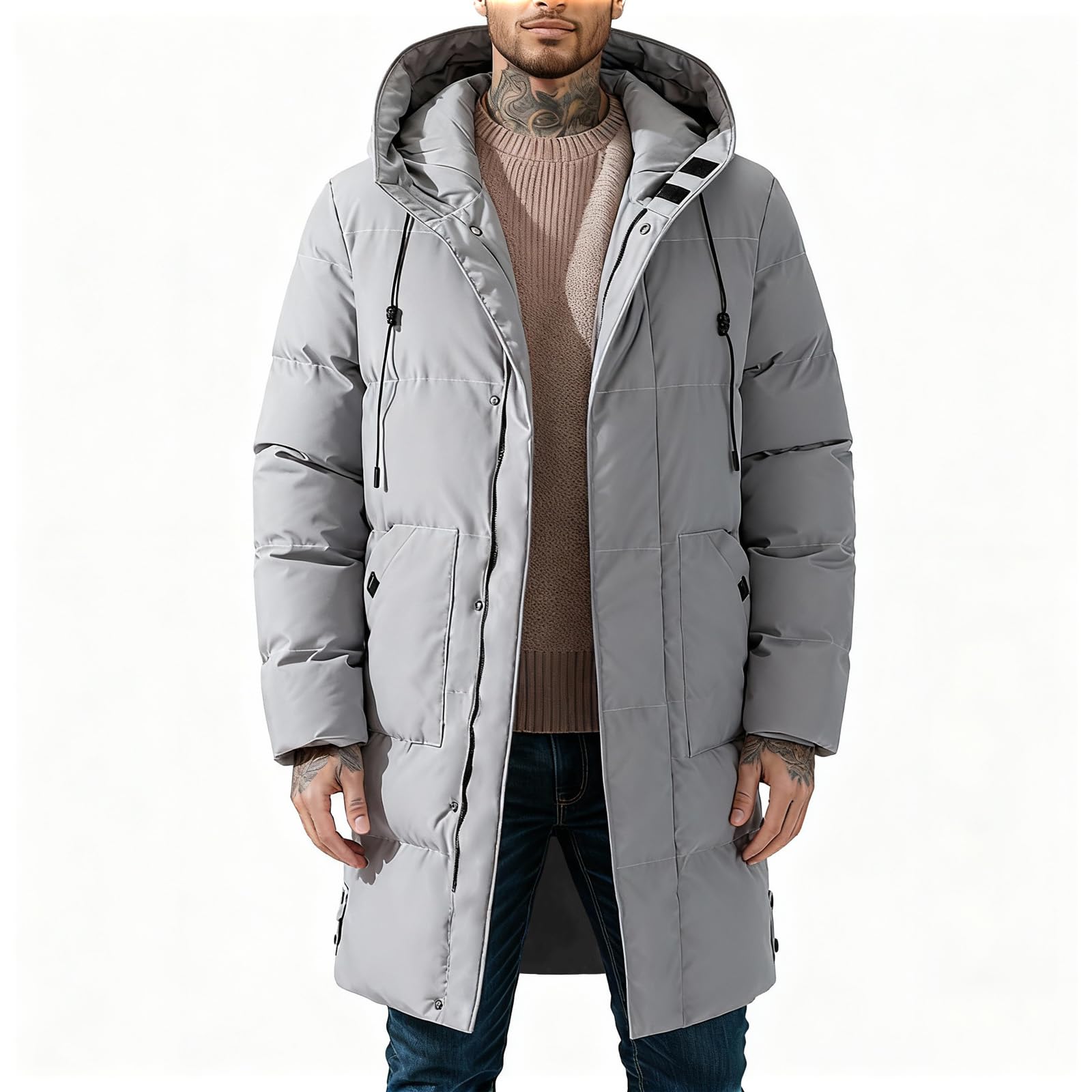 XYXYING men's thermal long snow parka hood detail enhances wind protection during snow showers.