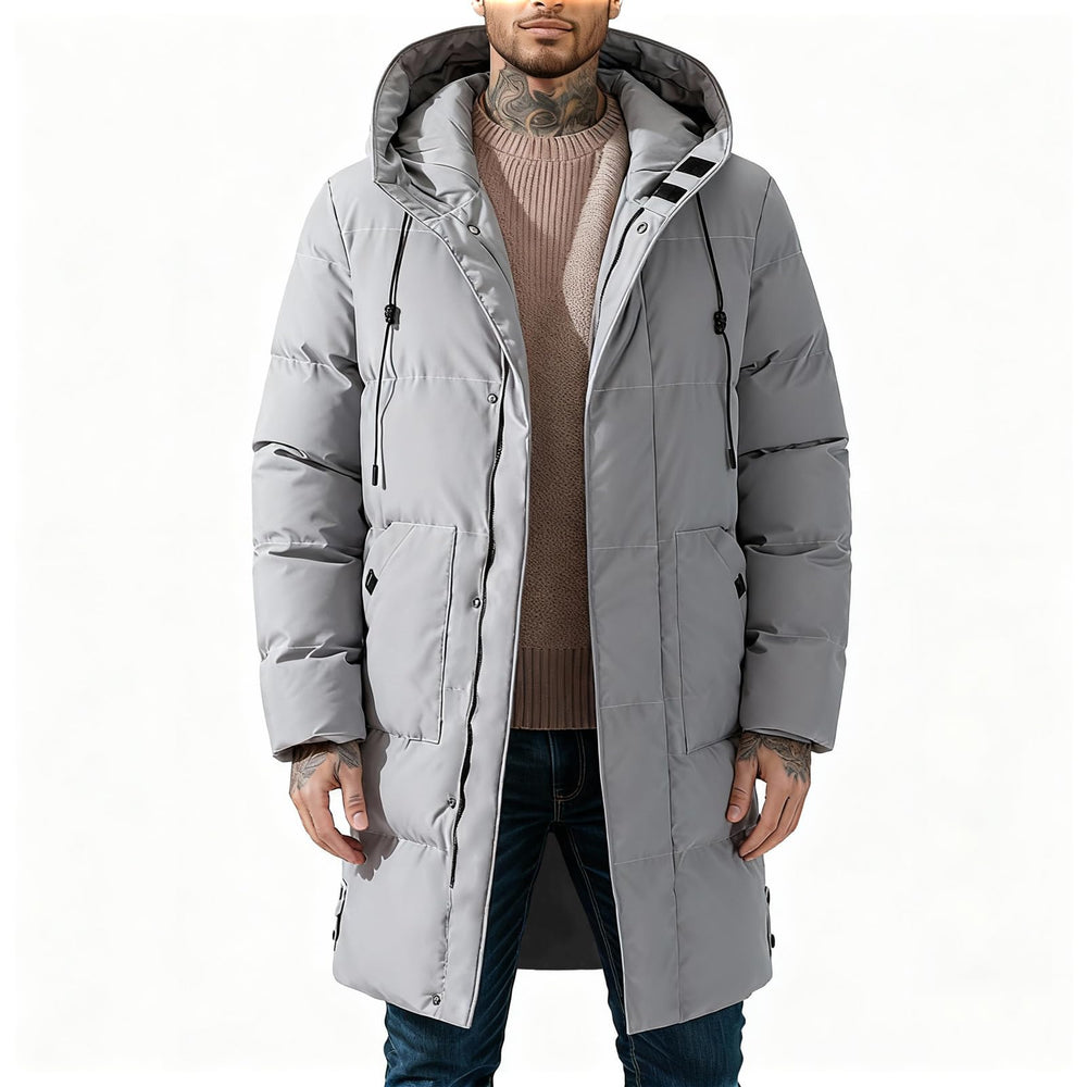 XYXYING men's thermal long snow parka hood detail enhances wind protection during snow showers.