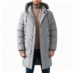 XYXYING men's thermal long snow parka hood detail enhances wind protection during snow showers.