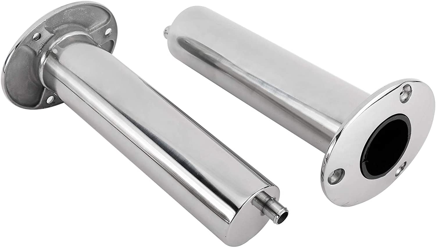 YaeMarine 2-pack rod holders in polished stainless steel with drain for corrosion resistance.