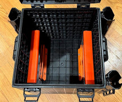 Side view of YakAttack tackle crate dividers installed to separate 3600 tackle organizers