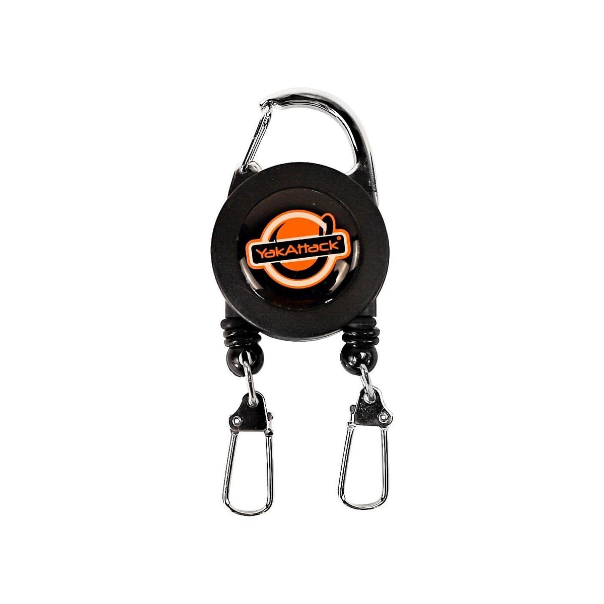 YakAttack dual fishing tool retractor front view showing single attachment with 24-inch stainless steel cable