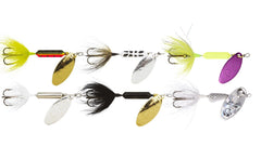 The Yakima Bait Rooster Tail 1/4oz White Coach Dog attracts bass with pulsating tail.