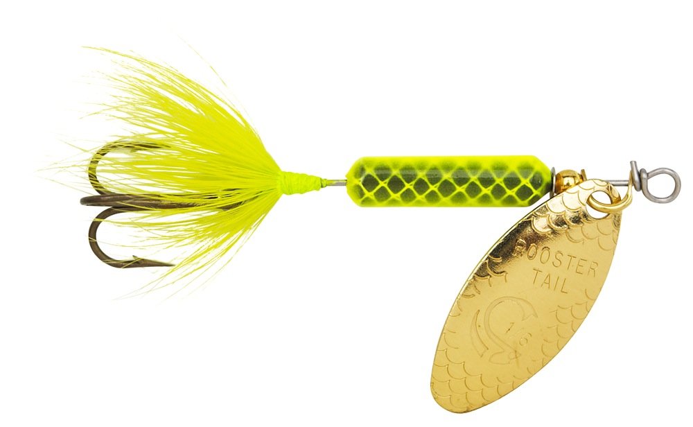 Yakima Bait Rooster Tail chartreuse spinner lure with pulsating tail attracts fish