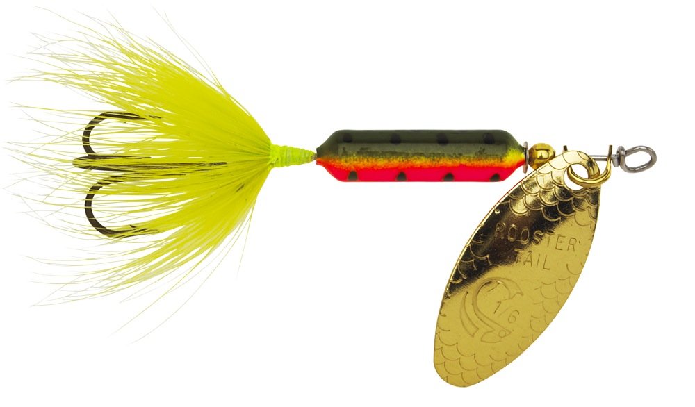 Yakima Bait Rooster Tail Fire Tiger 16oz in-line spinner boosts visibility and attracts predatory fish.