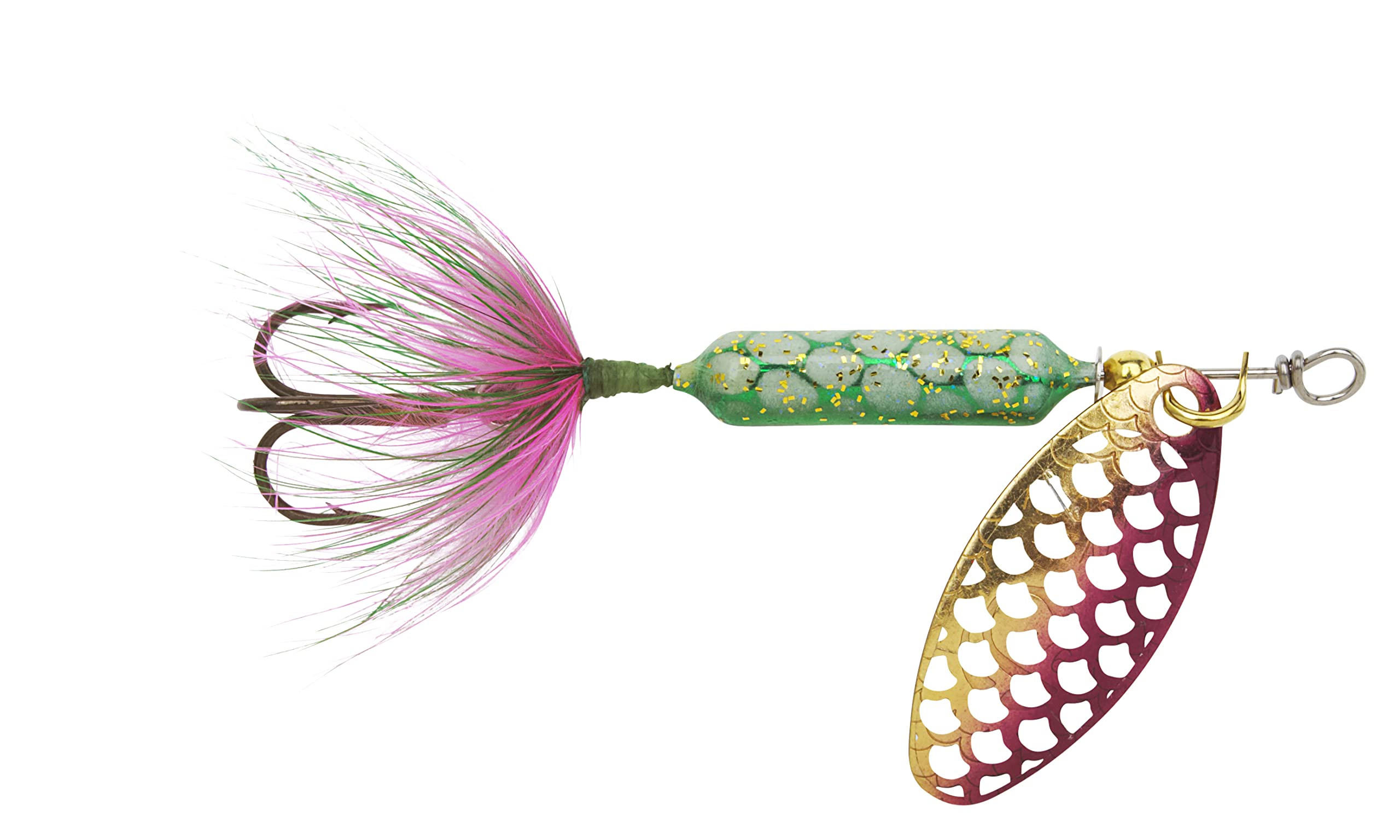 Yakima Bait Rooster Tail inline spinner pulsating tail attracts fish in freshwater fishing.