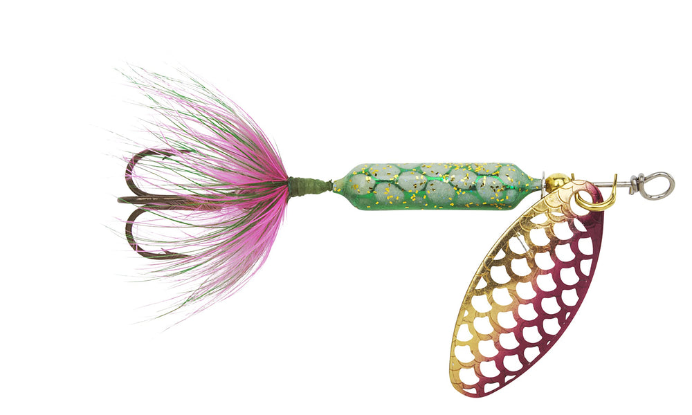 Yakima Bait Rooster Tail inline spinner pulsating tail attracts fish in freshwater fishing.