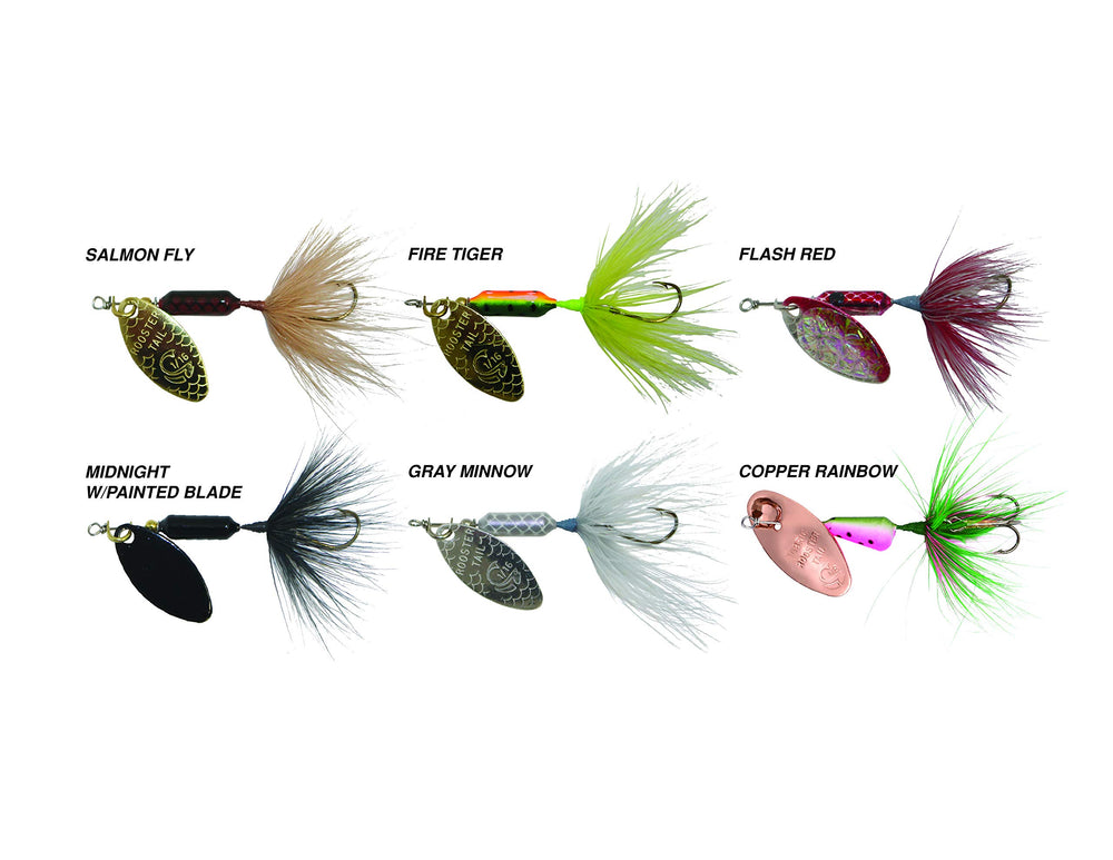 Yakima Bait Wordens Rooster Tail kit highlights pulsating tail action for better fish attraction.