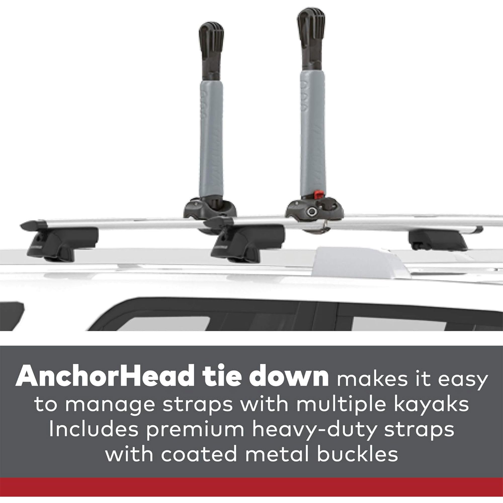 Included heavy-duty straps with coated buckles secure multiple kayaks on BigStack.