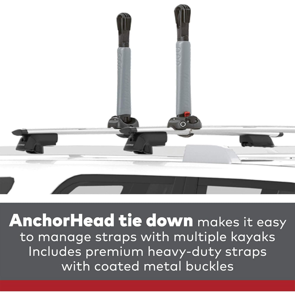 Included heavy-duty straps with coated buckles secure multiple kayaks on BigStack.
