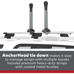 Included heavy-duty straps with coated buckles secure multiple kayaks on BigStack.