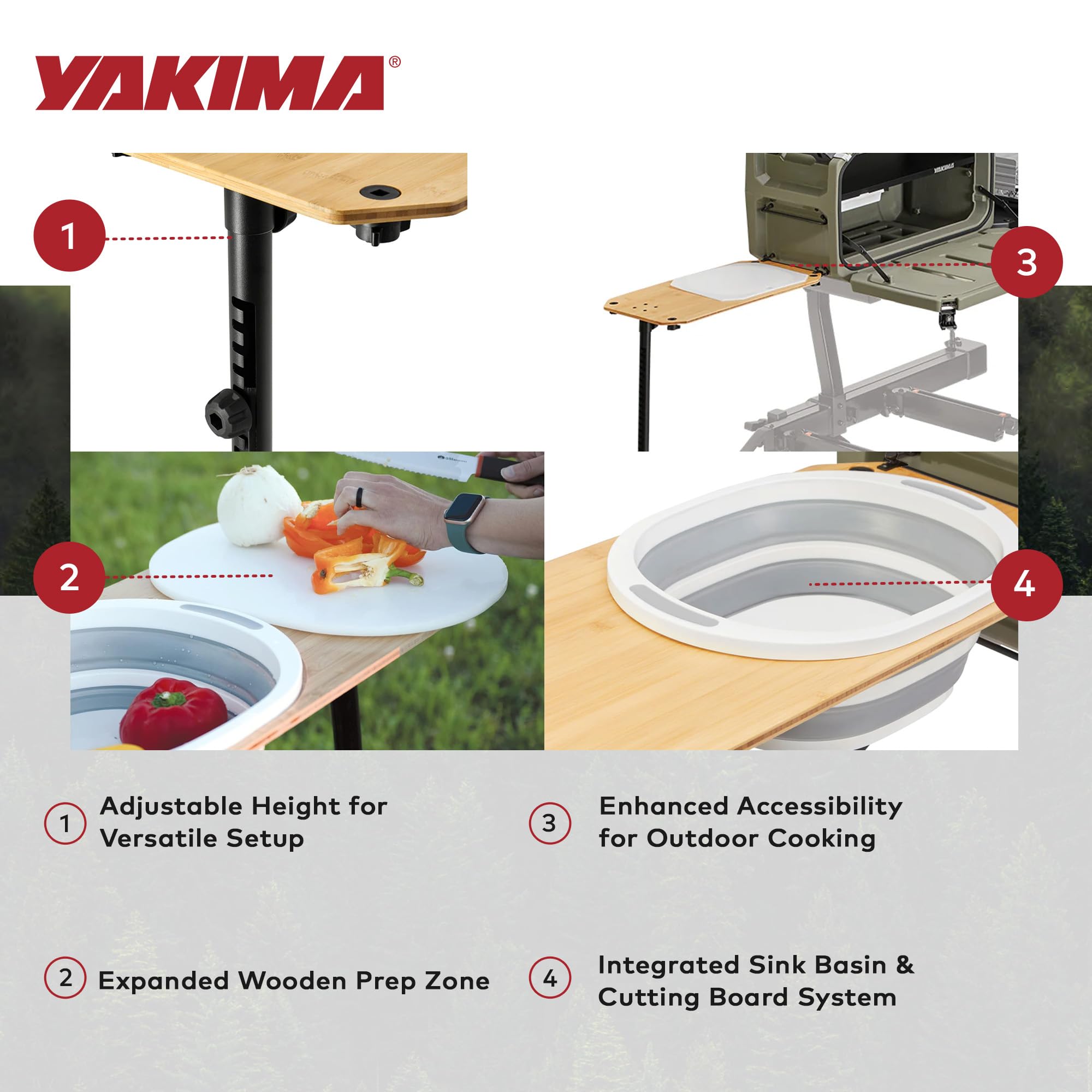Yakima EXO OpenRange height-adjustable leg adapts to grill height.