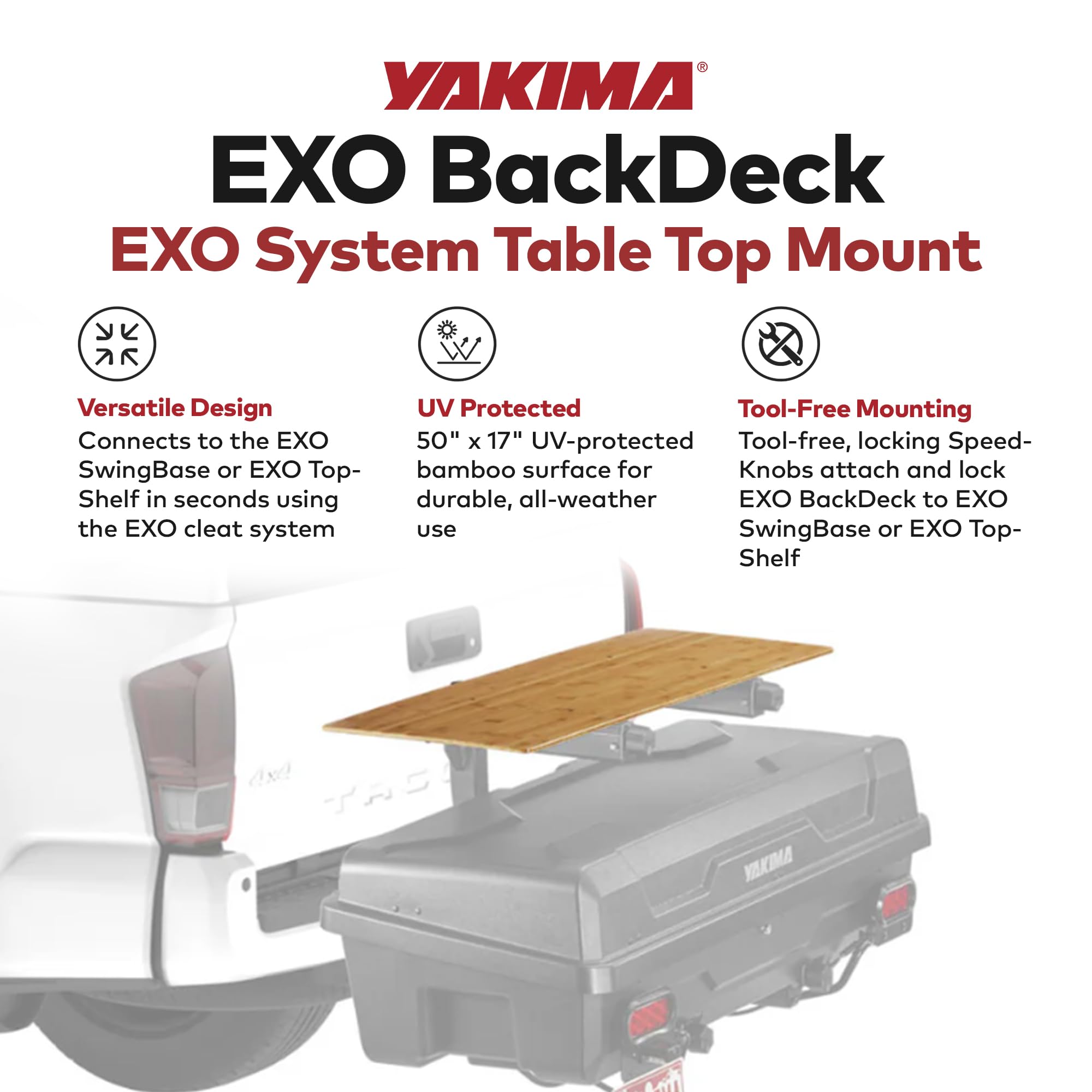 Yakima EXO surface measures 50 by 17 inches for ample workspace.