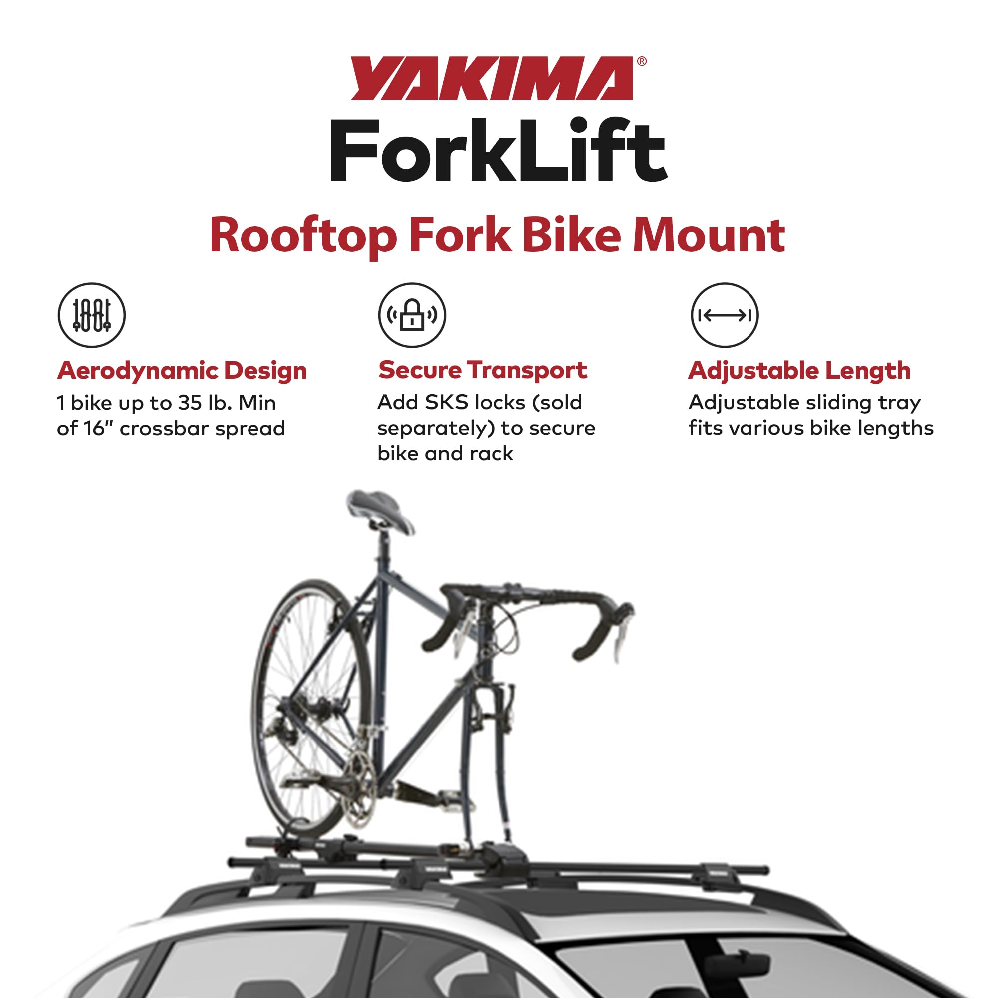 Yakima ForkLift front-axle clamp close-up, frame-safe transport prevents scratches