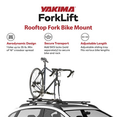 Yakima ForkLift front-axle clamp close-up, frame-safe transport prevents scratches