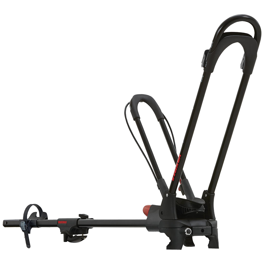 Yakima FrontLoader roofrack secures bicycles for car transport.