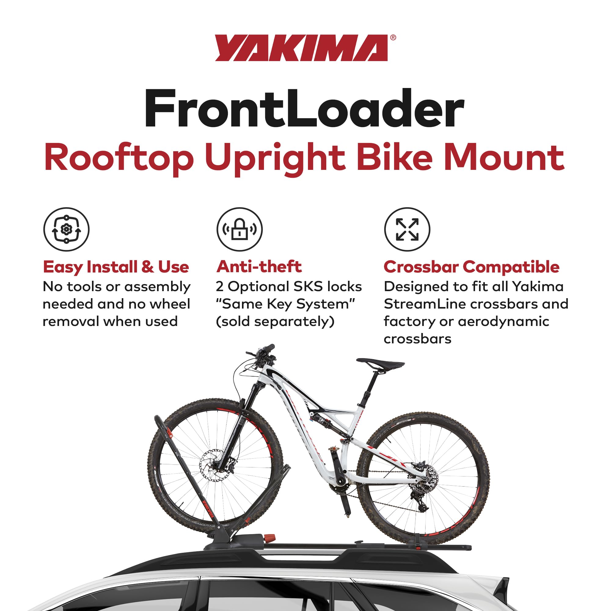Yakima FrontLoader secure mount minimizes bike movement during travel.