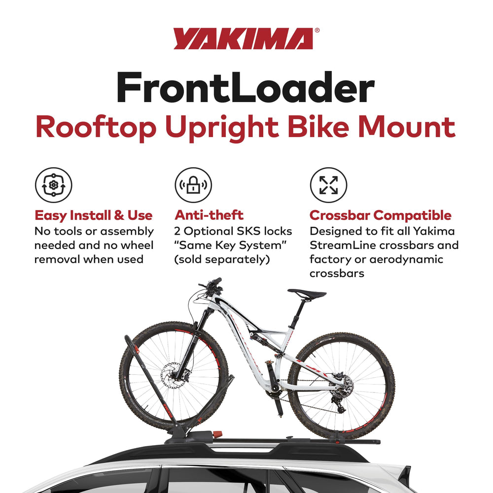 Yakima FrontLoader secure mount minimizes bike movement during travel.