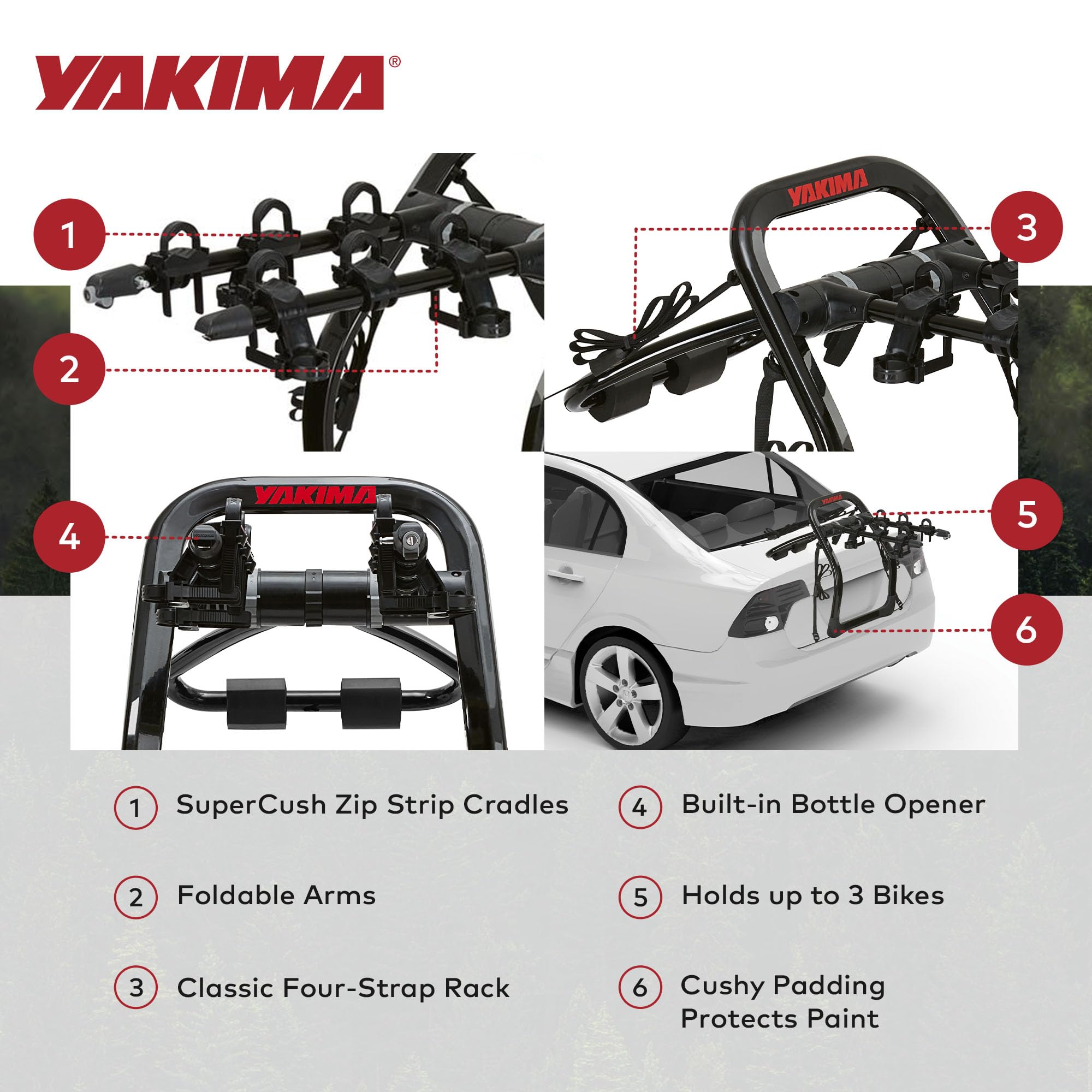 Yakima FullBack 3 padded cradles protecting bikes and vehicle finish