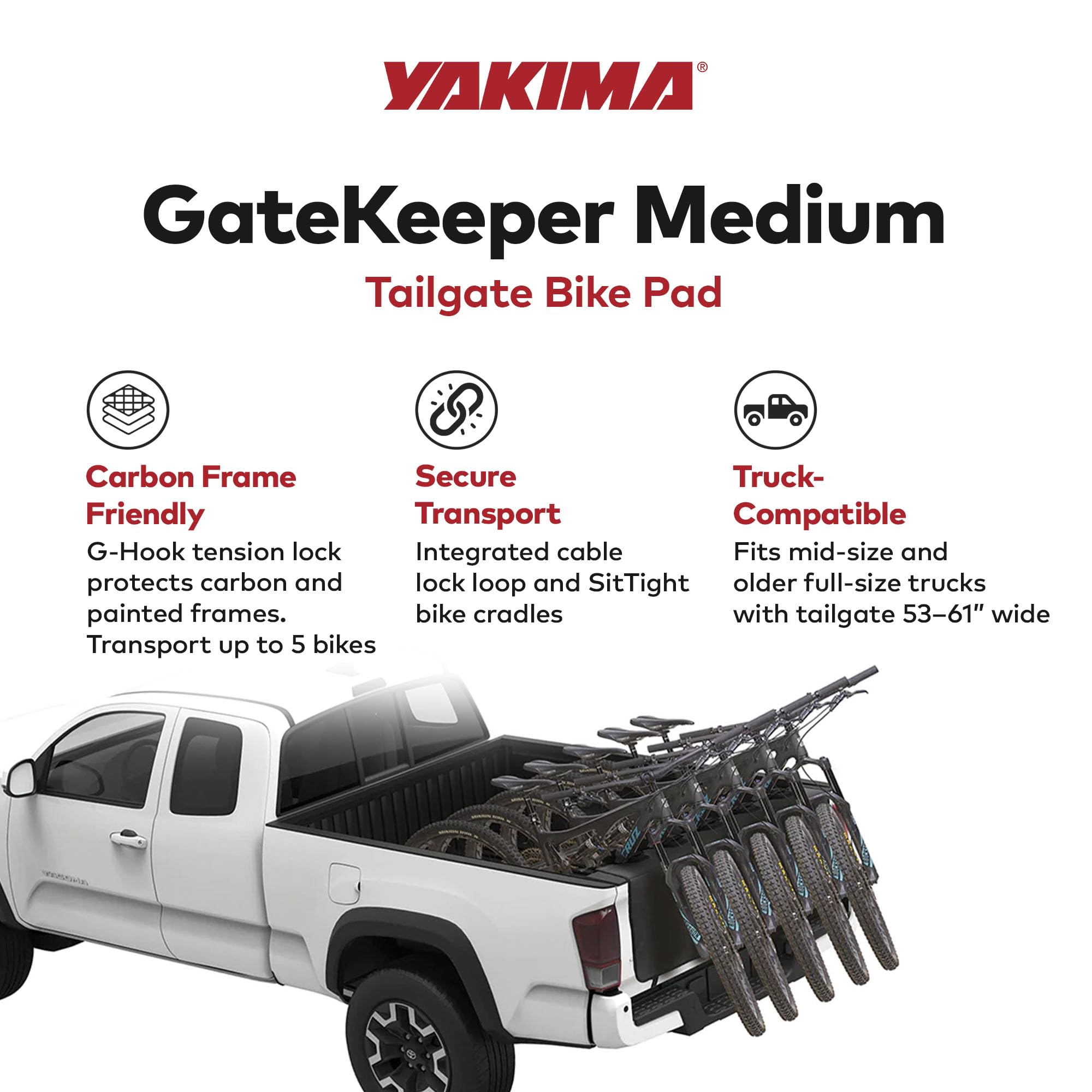 Yakima Gatekeeper back view with bikes mounted; stable and protected on the road.