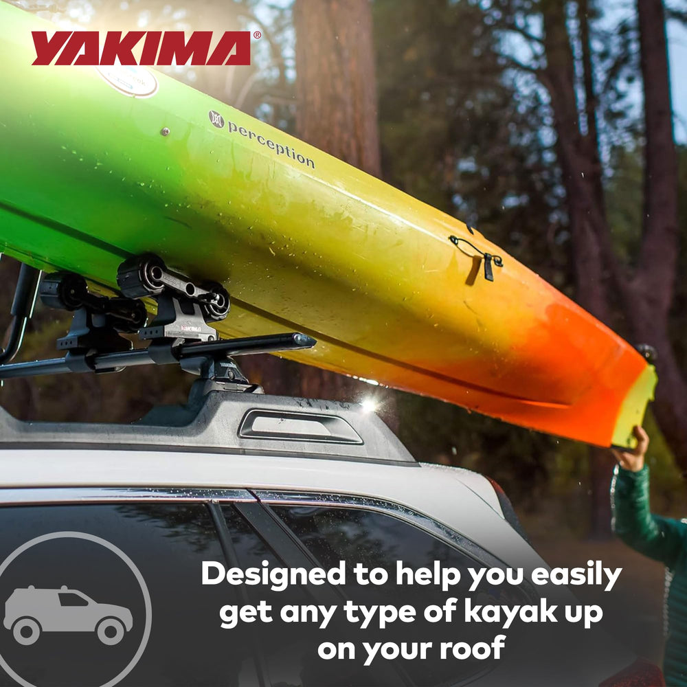 Yakima HandRoll bow and stern tie-down system keeps kayak secure.