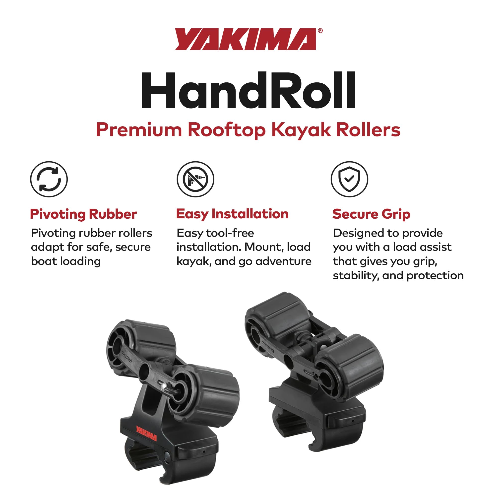 Yakima HandRoll pivot base cradling action supports hull shape during loading.