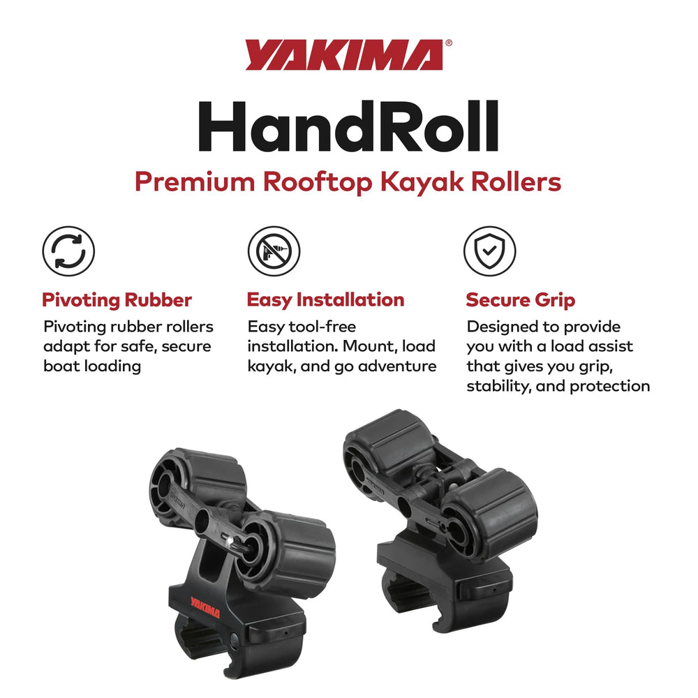 Yakima HandRoll pivot base cradling action supports hull shape during loading.