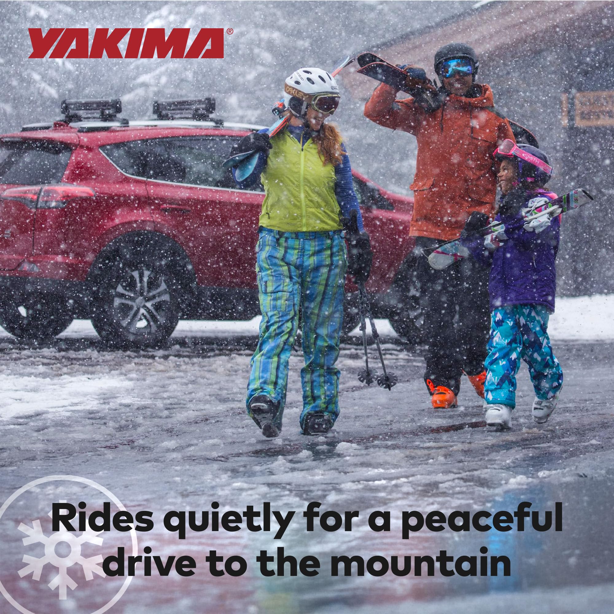Yakima PowderHound 6 crossbar-compatible design fits most racks without drilling