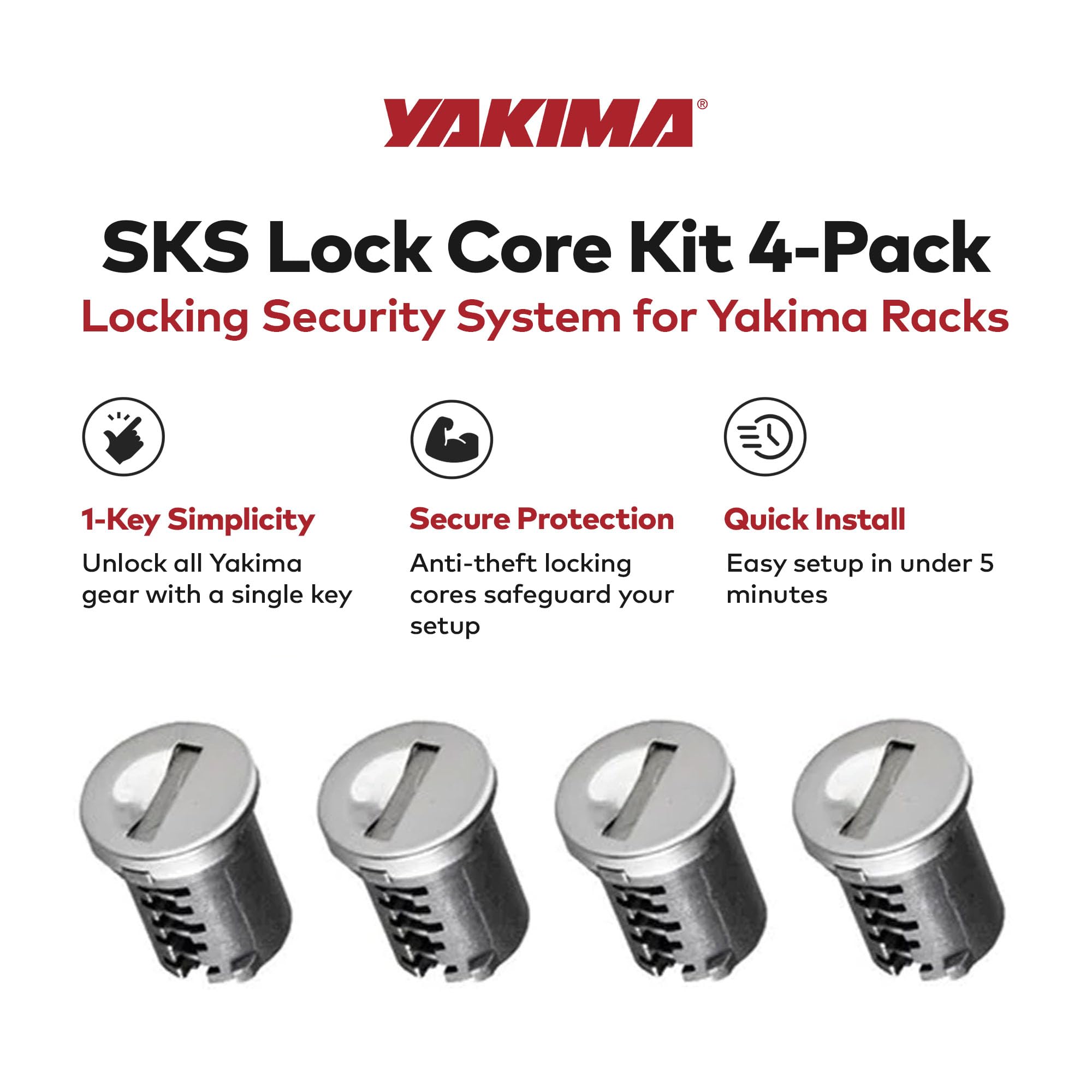 Yakima SKS lock cores installed on a car rack, adding security during travel.