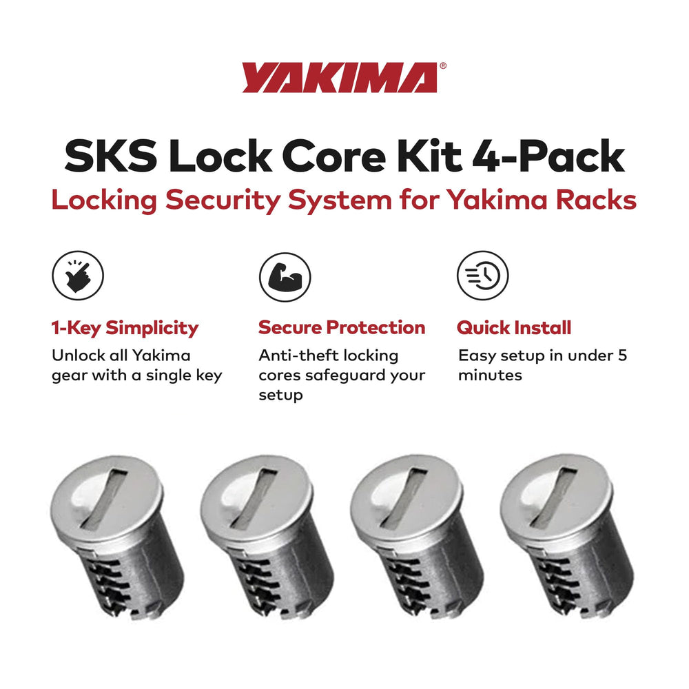 Yakima SKS lock cores installed on a car rack, adding security during travel.