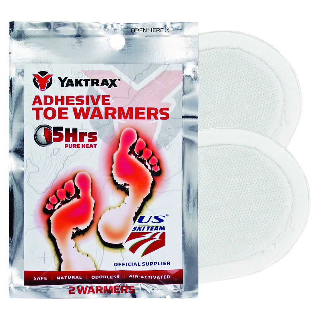 Yaktrax 5-hour adhesive toe warmers pack delivers portable toe warmth for cold outdoor activities.