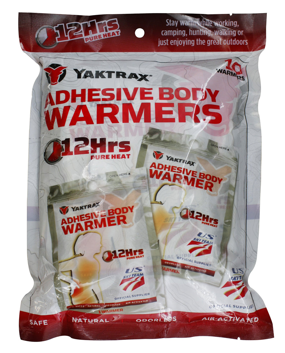 Yaktrax 12-Hour Adhesive Body Warmer applied to chest for targeted warmth.
