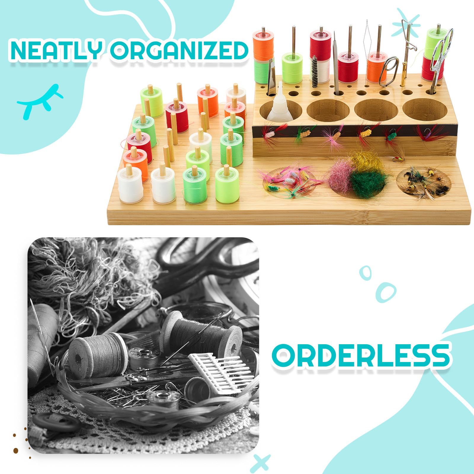 Raised wooden pegs hold thread spools securely