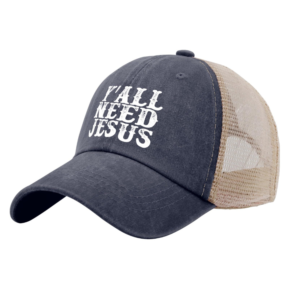 Back view showing adjustable strap on Y’all Need Jesus trucker hat.