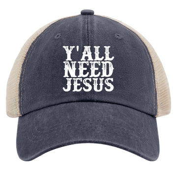 Close-up texture of washed denim on Y’all Need Jesus hat.