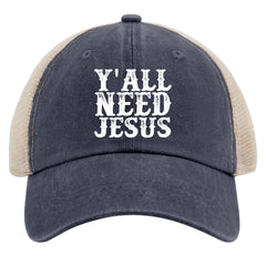 Close-up texture of washed denim on Y’all Need Jesus hat.