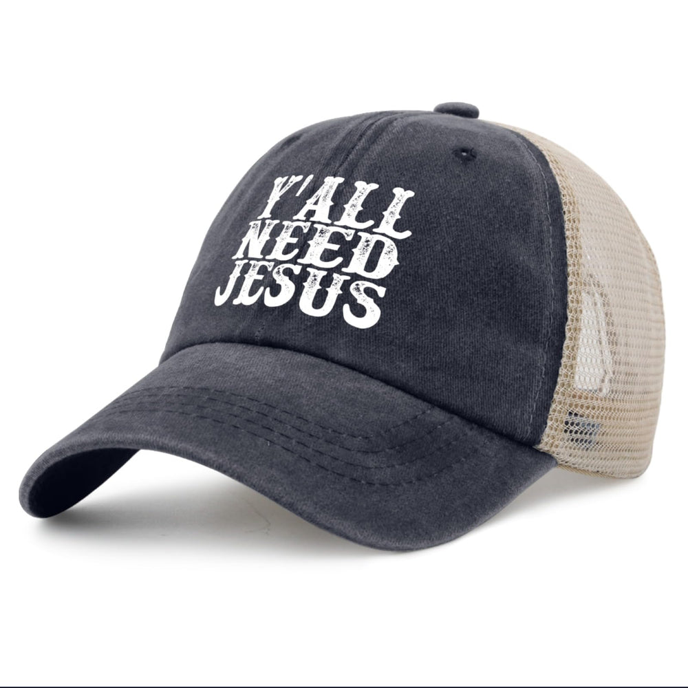 Side view of denim Y’all Need Jesus trucker hat with mesh panel.