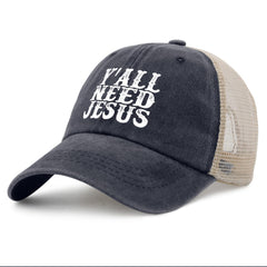 Side view of denim Y’all Need Jesus trucker hat with mesh panel.