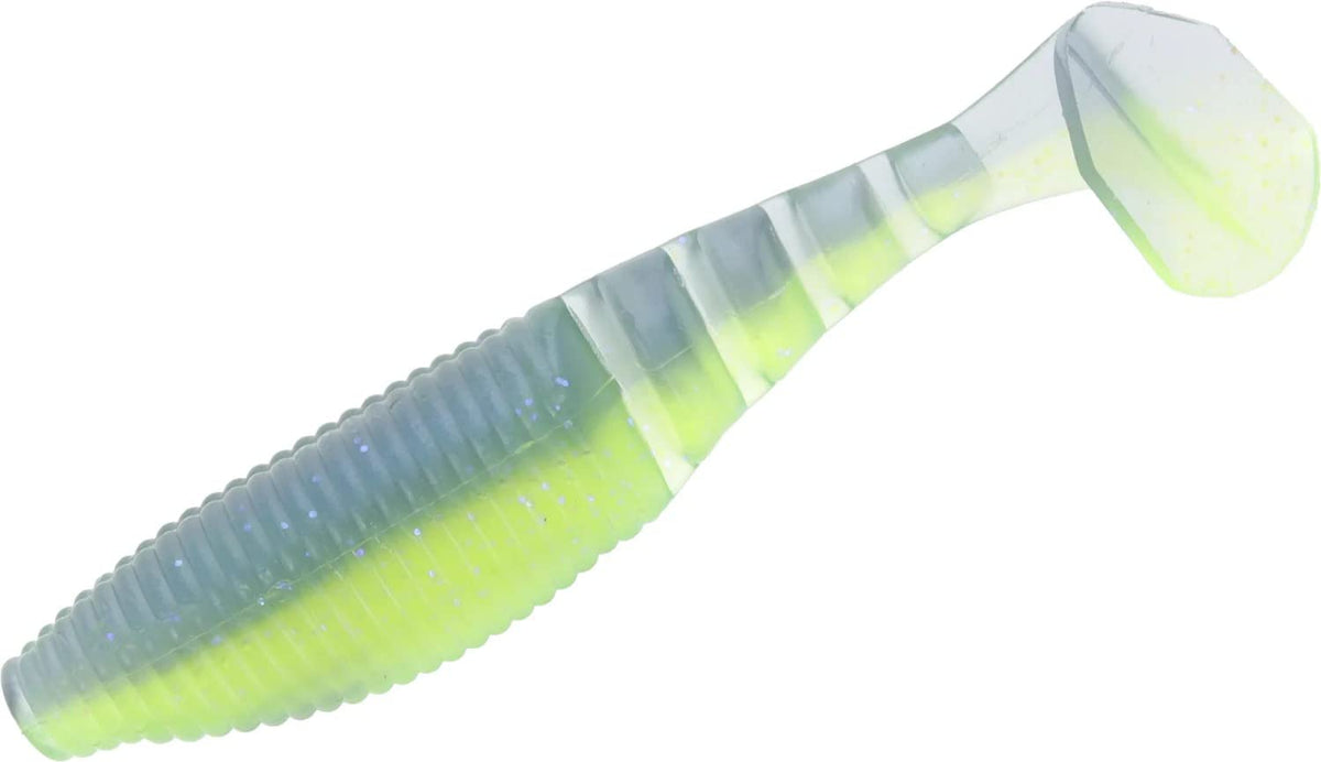 Yamamoto 4-inch Zako paddle tail in chartreuse electric blue for trailer action