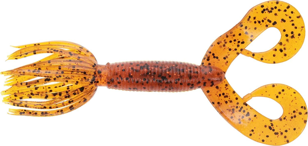 Yamamoto 5-inch Double Tail Hula Grub Fire Craw on the bottom delivers enticing offshore action