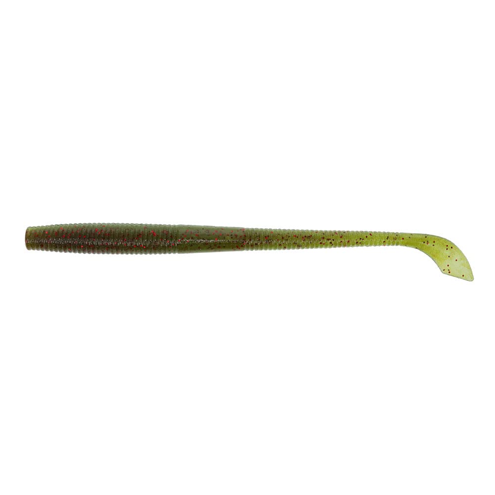 Yamamoto 5-inch Kut Tail Worm in green pumpkin with small red, ideal for finesse dropshot fishing.