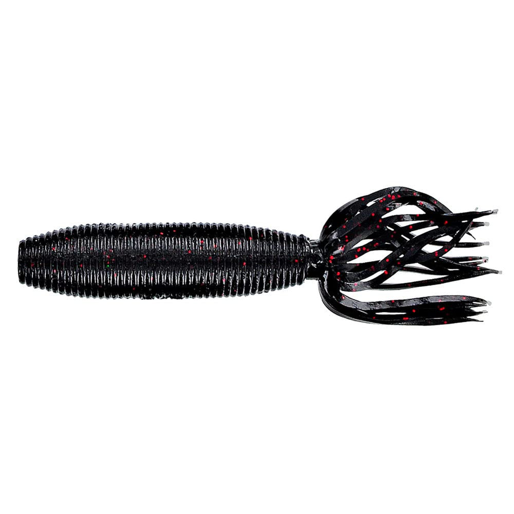 Yamamoto Fat Ika 4 in black with red accents, ideal for flipping and pitching bass lures.