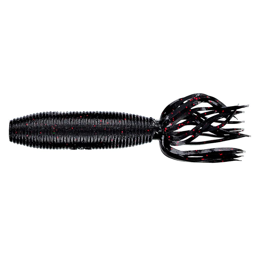 Yamamoto Fat Ika 4 in black with red accents, ideal for flipping and pitching bass lures.