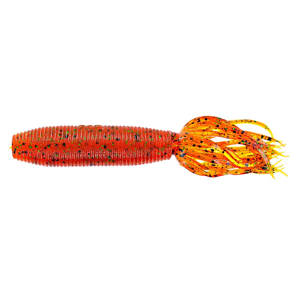 Yamamoto Fat Ika 4in pumpkin-orange with black and green, versatile bass fishing lure.
