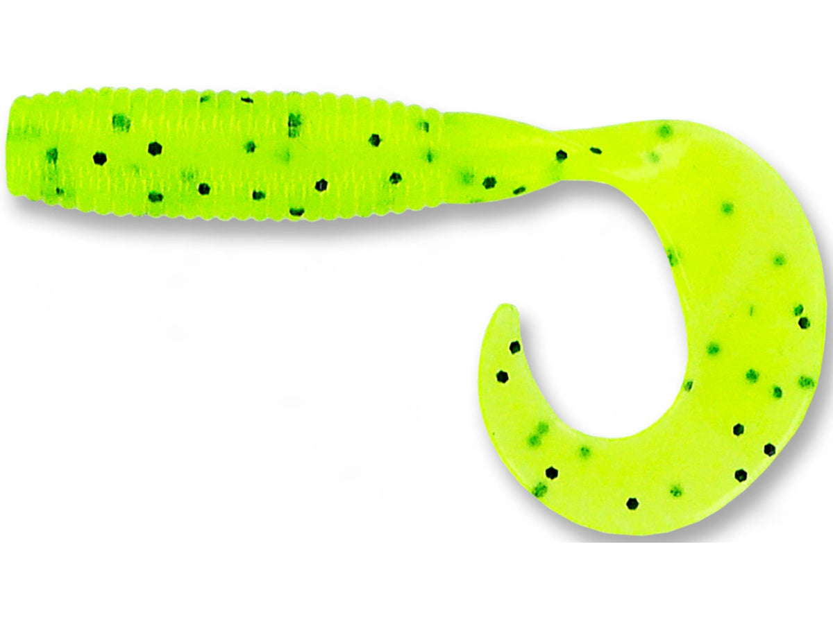 Yamamoto 4-inch chartreuse grub with large black flake, ideal as jig trailer