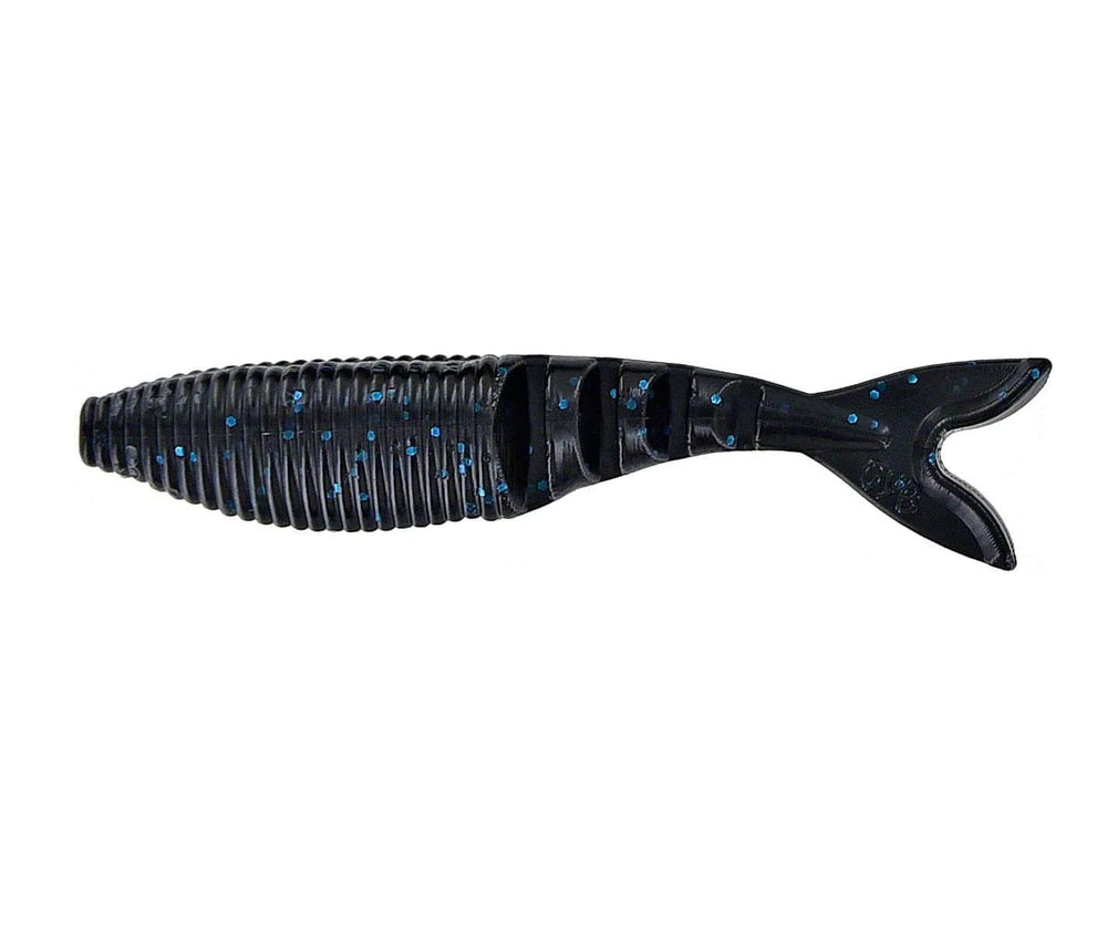 Yamamoto Zako Swimbait 4in in black with blue flakes for lifelike bass forage.