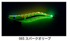 YAMASHITA Egi King Live 3.5 065 Spark Olive side profile showing neon color shift under UV