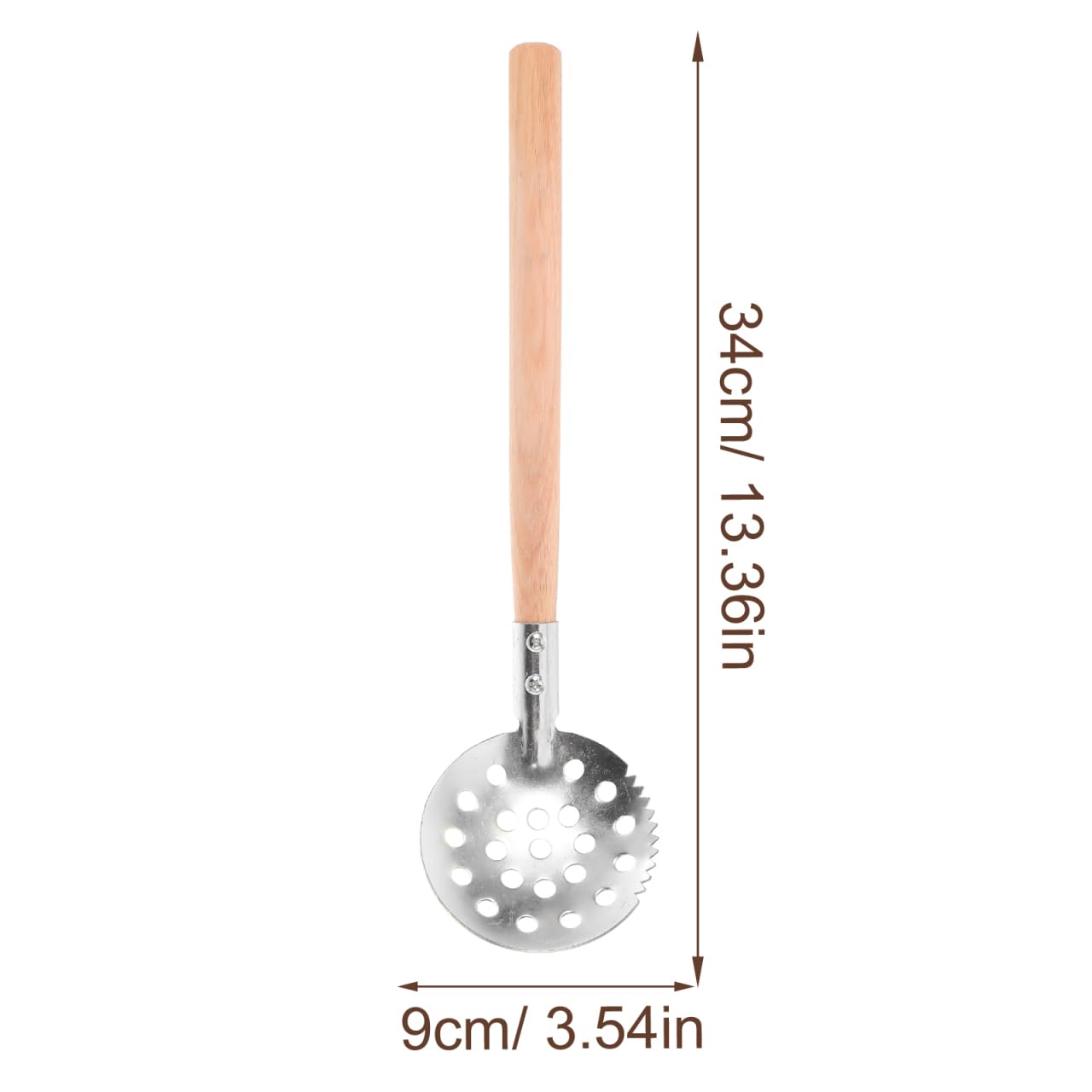Yardwe ice fishing scoop with wooden handle for a comfortable grip.